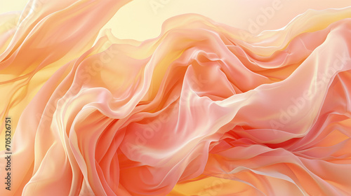 Abstract wavy pattern of peach silk, soft fabric texture background. Creative illustration of wave of orange pink textile like marble. Theme of art, color, design, wallpaper, beaut