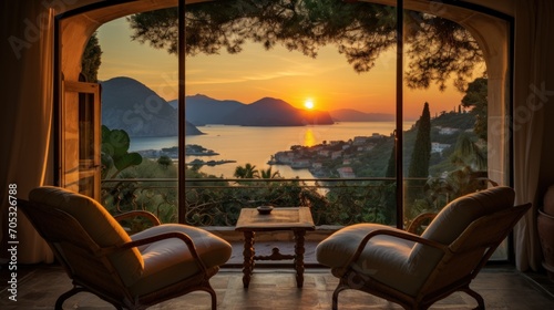 View of the bay from a beautiful and charming villa during sunrise