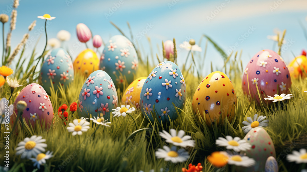 Flower-painted Easter eggs gracefully arranged amidst the verdant garden. Flower-painted Easter eggs gracefully arranged amidst the verdant garden.