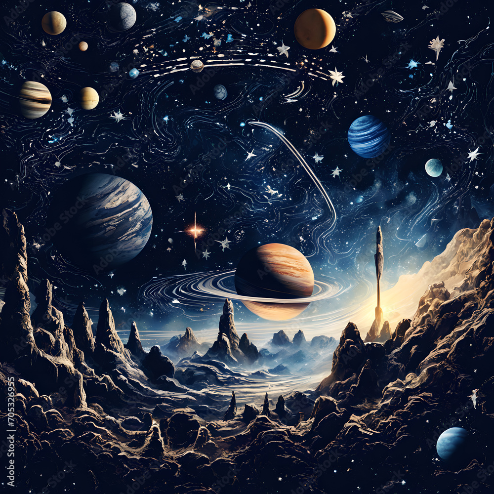 Fototapeta premium Surreal cosmic landscape, rocky terrain foreground, various planets including Saturn, stars, galaxies fill dark space sky