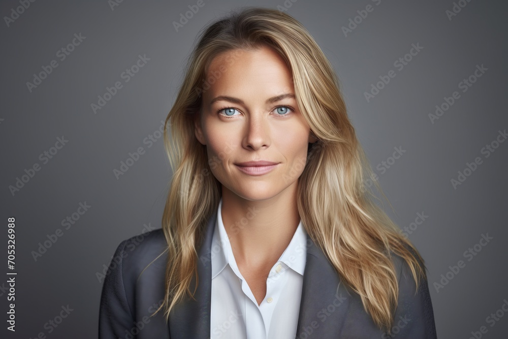 Portrait of a beautiful businesswoman with long blond hair. Gray background. Portrait of a beautiful businesswoman with long blond hair. Gray background.