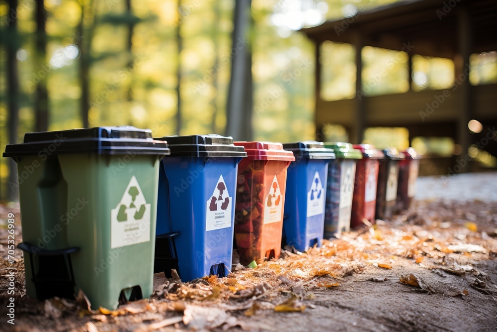 Multiple colorful recycling bins with eco-friendly symbols. Waste sorting concept.