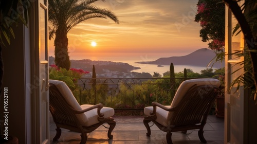 View of the bay from a beautiful and charming villa during sunrise © Damian Sobczyk