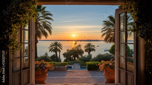 View of the bay from a beautiful and charming villa during sunrise