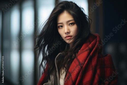 beautiful young asian woman wrapped in red blanket looking at camera