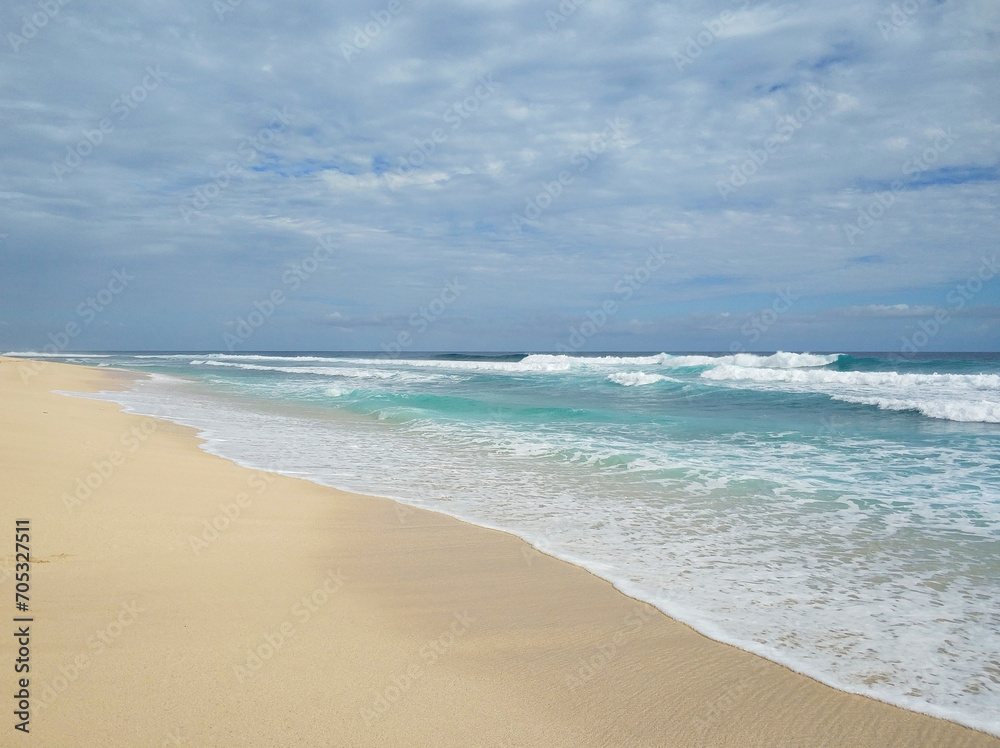 A magnificent sea beach landscape. White sand on the ocean beach