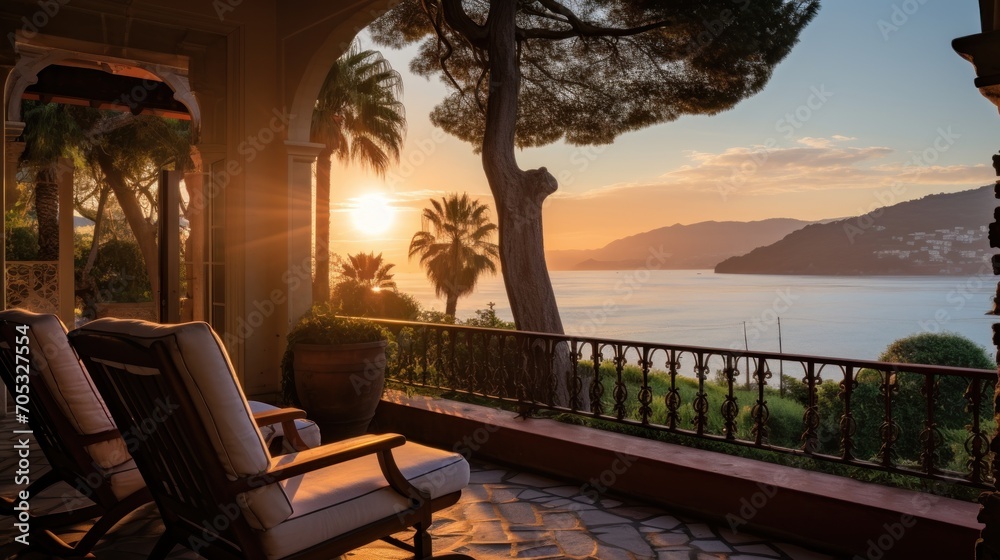 View of the bay from a beautiful and charming villa during sunrise