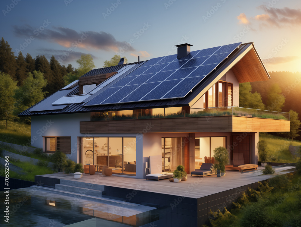 House with solar panels on the roof, concept of green energy 