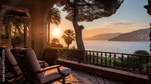 View of the bay from a beautiful and charming villa during sunrise © Damian Sobczyk