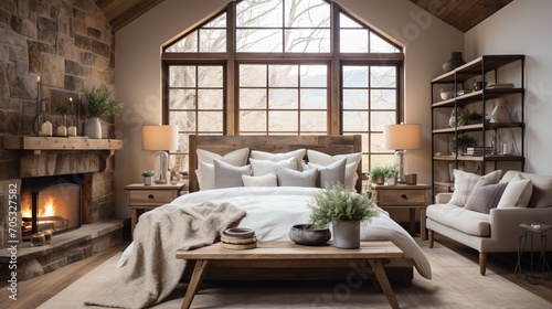Modern rustic bedroom with fireplace and large windows