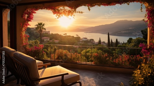 View of the bay from a beautiful and charming villa during sunrise