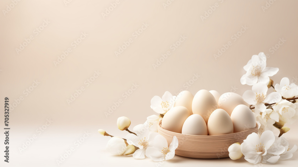 cream background complemented by soft colors; nestled in one corner, a charming nest cradles cream-colored eggs surrounded by delicate white flowers.