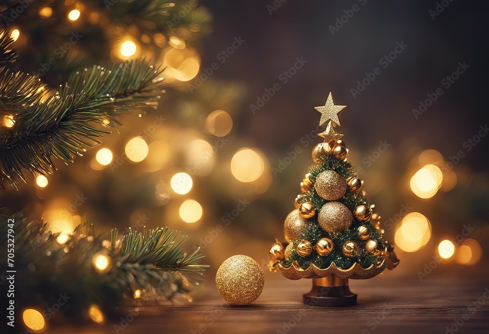 Vintage Christmas Tree With Retro Ornament And Golden Shiny Glitter In The Defocused Background Toned Filter stock photoChristmas Backgrounds Christmas Tree Gold Metal Gold