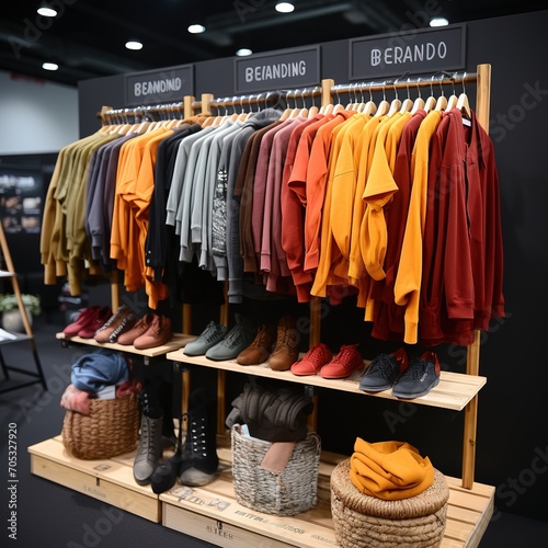 Fashion clothing store interior with clothes hanging on racks and shelves