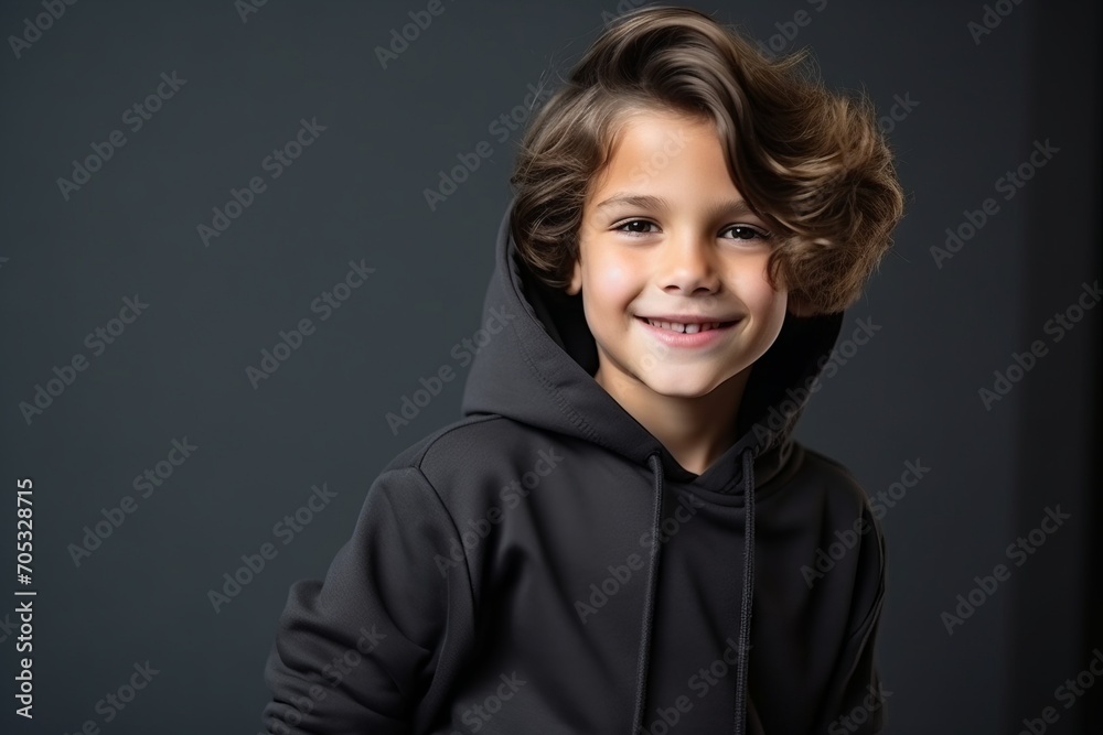 Portrait of a smiling little boy in black hoodie over dark background Portrait of a smiling little boy in black hoodie over dark background