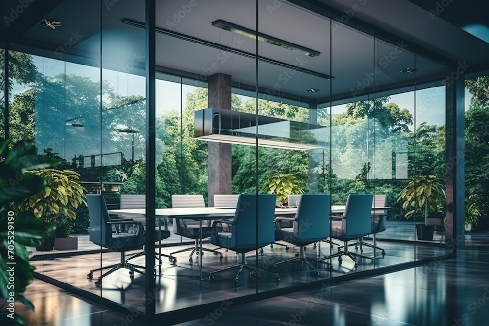 Fototapeta premium Modern office interior with glass walls and green plants