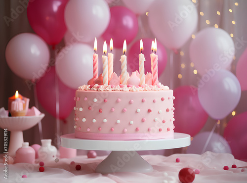 Birthday cake for with candles in pink tones  holiday concept  banner.