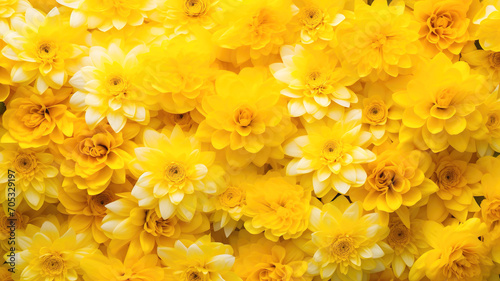 Yellow dahlias close-up. Floral yellow carpet of fresh dahlia and chrysanthemum flowers. Flower composition. Beautiful yellow flowers as a background. Top view, flat lay. Botany, floristry, texture.