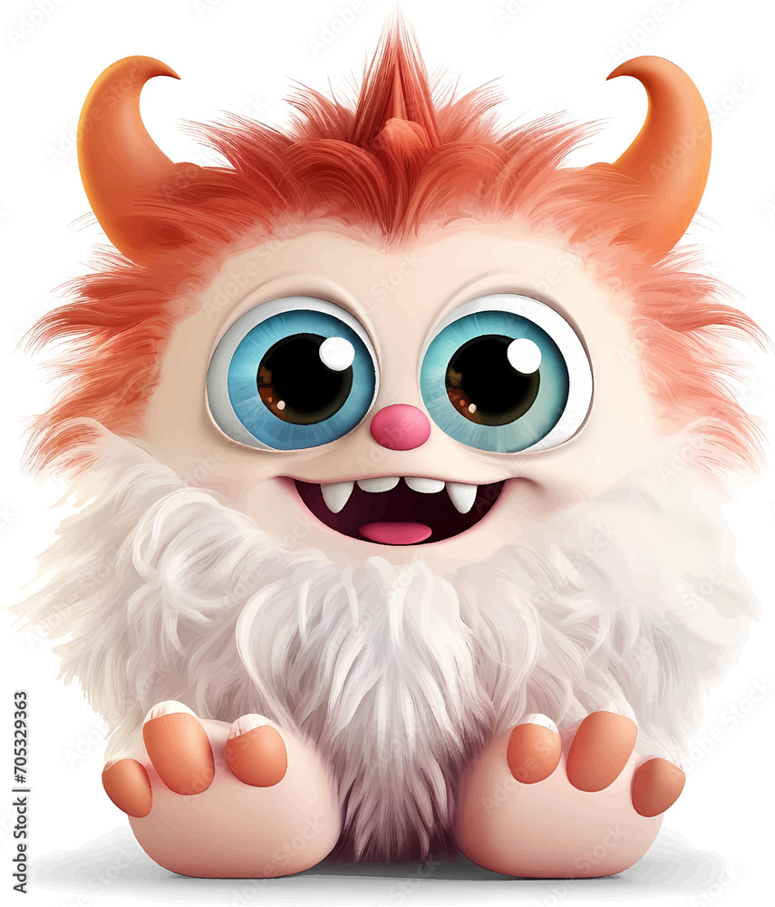 Cute big eyed furry monster baby on transparent background