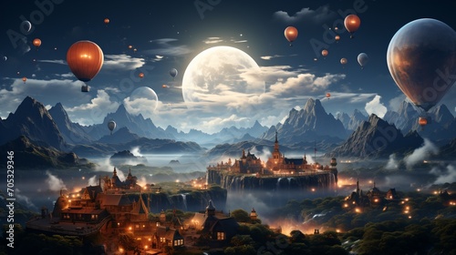 Fantasy landscape with floating city and hot air balloons photo