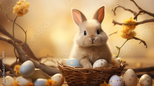 Bunny rests in a wicker basket surrounded by an array of colorful Easter eggs, evoking the festive spirit of the season