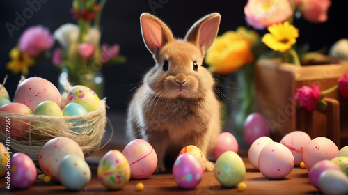 Bunny surrounded by vibrant Easter eggs  capturing the joy and festivity of the Easter season