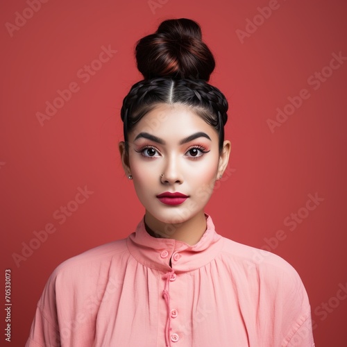 Portrait of a young woman with a pink background