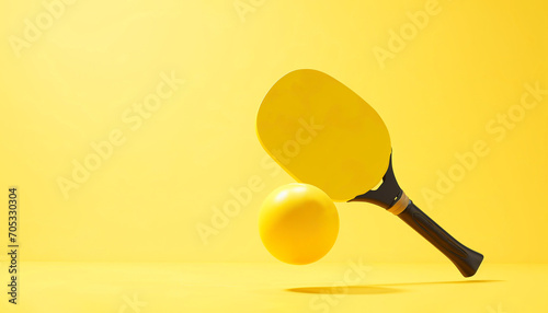 Levitating Pickleball Set. Mockup Yellow Pickleball Paddle and Ball on Monochrome Background. Space For Text. Sports for Seniors. AI Generated