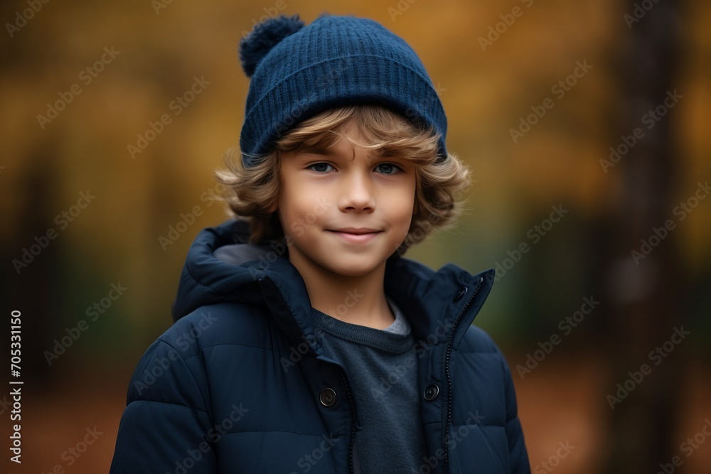 smiling boy in winter jacket and hat standing in autumn forest, portrait smiling boy in winter jacket and hat standing in autumn forest, portrait