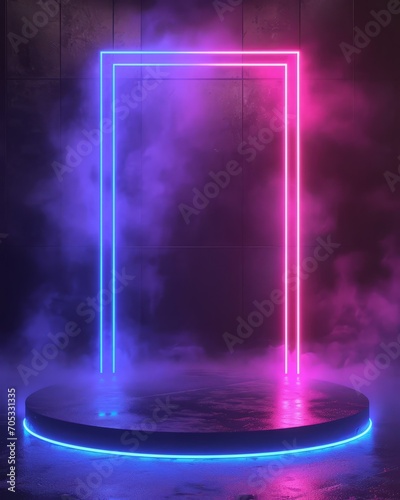 Abstract neon banner with pedestal 3d podium with blue neon square © Nob