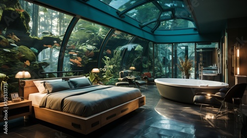 Underwater hotel room with a large curved glass window looking into a coral reef © duyina1990