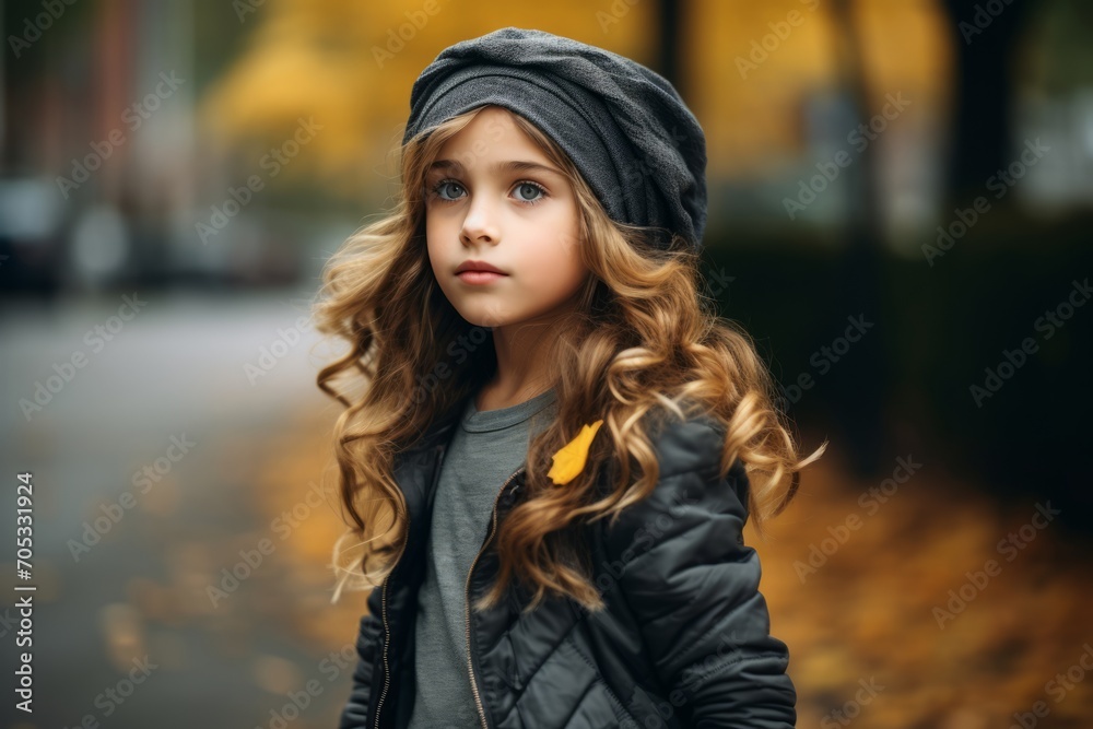 Portrait of a cute little girl with long curly hair in a black jacket on a background of autumn park.
