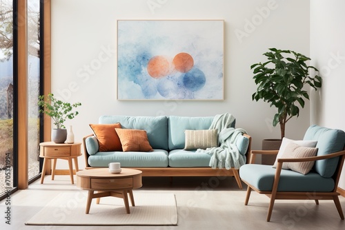 Blue and orange living room interior with sofa  coffee table  rug  plant  and artwork