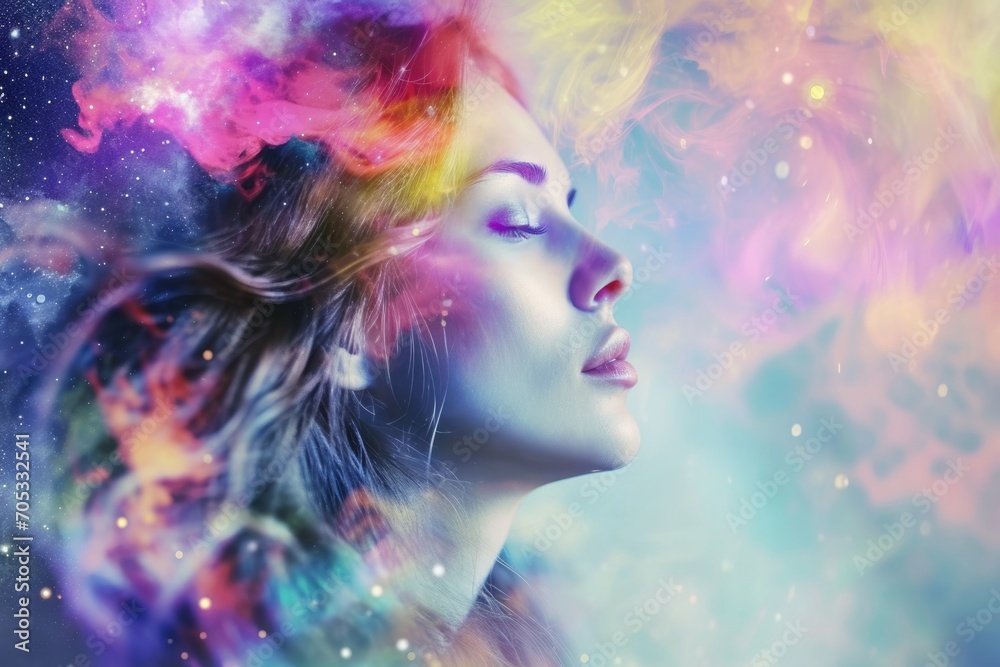 beautiful fantasy abstract portrait of a beautiful woman double exposure with a colorful digital paint splash or space nebula