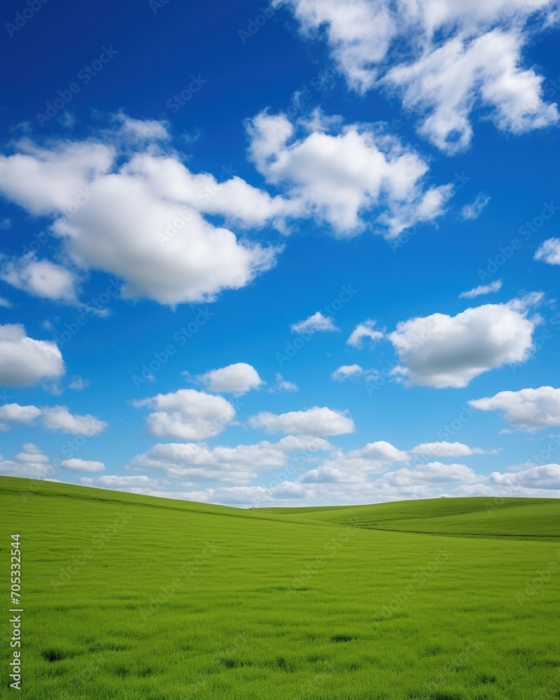 Green rolling hills under blue sky and white clouds