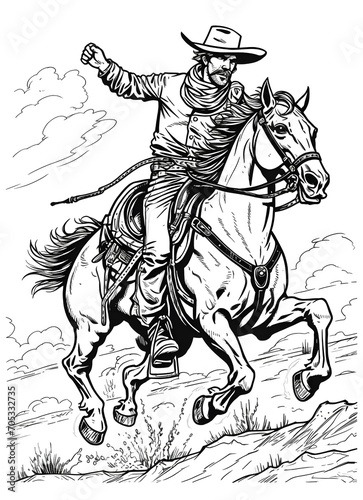 50 WILD WEST COWBOY coloring book page white background