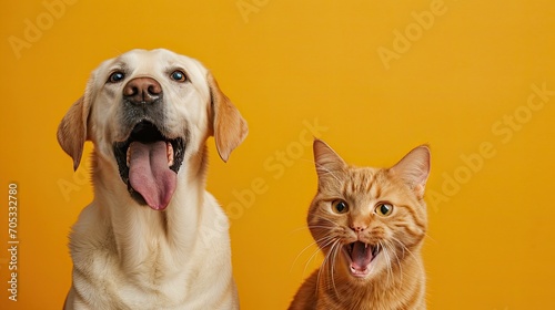 Labrador retriever dog panting and ginger cat sitting in front of dark yellow background