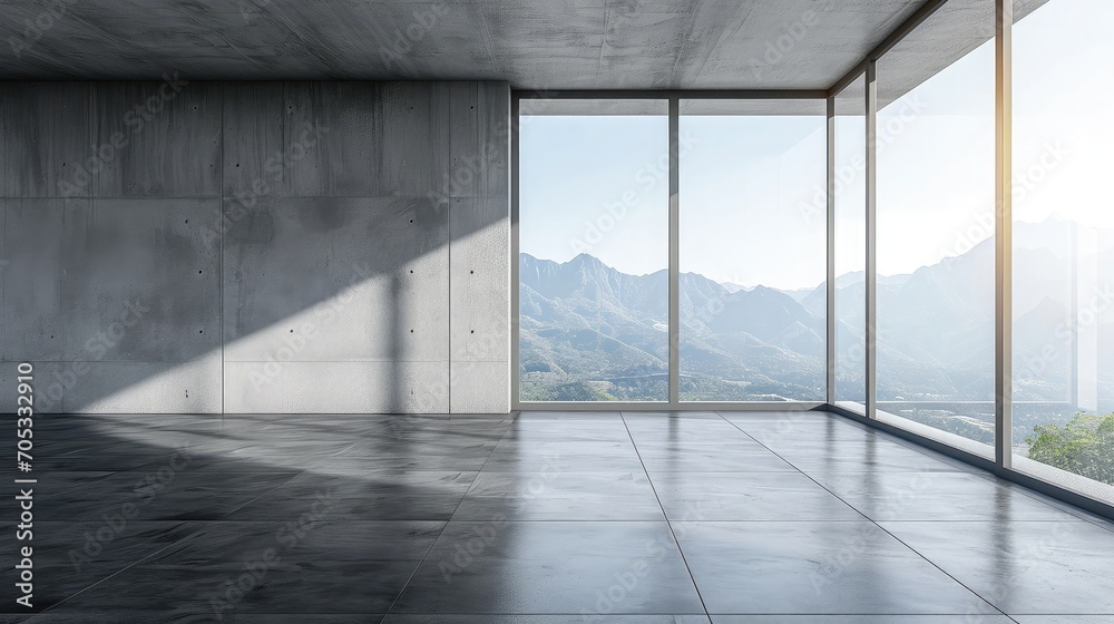 Modern empty interior with floor, concrete wall and panoramic window 