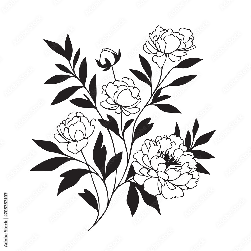 Hand drawn floral minimal elements in line art style. Greenery for decoration, wild and garden plants, branches, leaves. Vector illustration for logo. peony flower Hand drawn floral minimal elements in line art style. Greenery for decoration, wild and garden plants, branches, leaves. Vector illustration for logo. peony flower