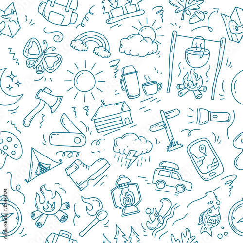 Seamless pattern with camping and outdoor doodle elements. Camping seamless pattern design.