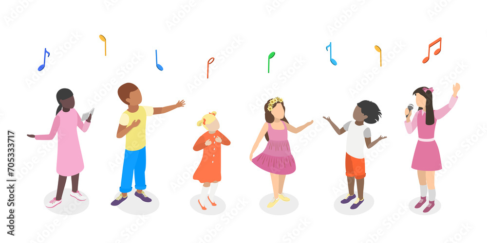 3D Isometric Flat  Set of Singing Children , Music School Students
