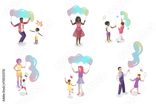 3D Isometric Flat  Set of Soap Bubble Show, Entertainment for Kids
