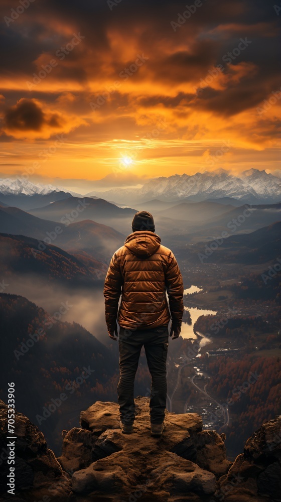 Man standing on a cliff overlooking a valley at sunset
