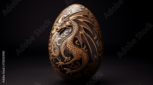 Chocolate easter egg adorned with a dragon in a black background