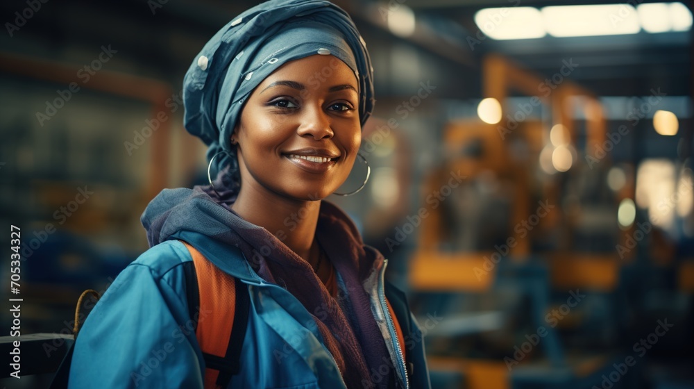 Portrait of a smiling African American woman wearing a headscarf in a factory
