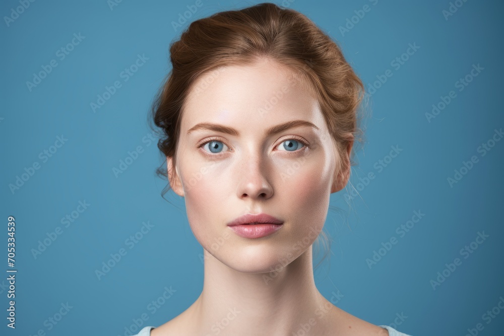 Portrait of a beautiful young woman with blue eyes on blue background Portrait of a beautiful young woman with blue eyes on blue background