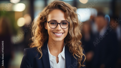 Confident businesswoman with curly hair smiling at the camera