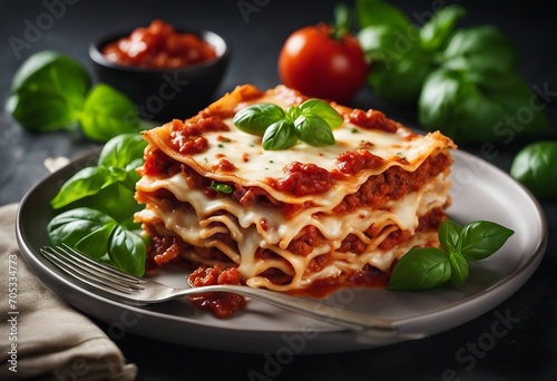 Spicy lasagne with tomato sauce and basil