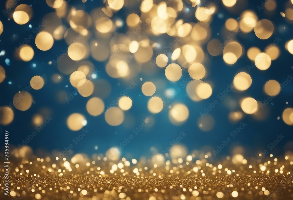 Blue glitter and gold lights bokeh abstract background defocused holiday concept