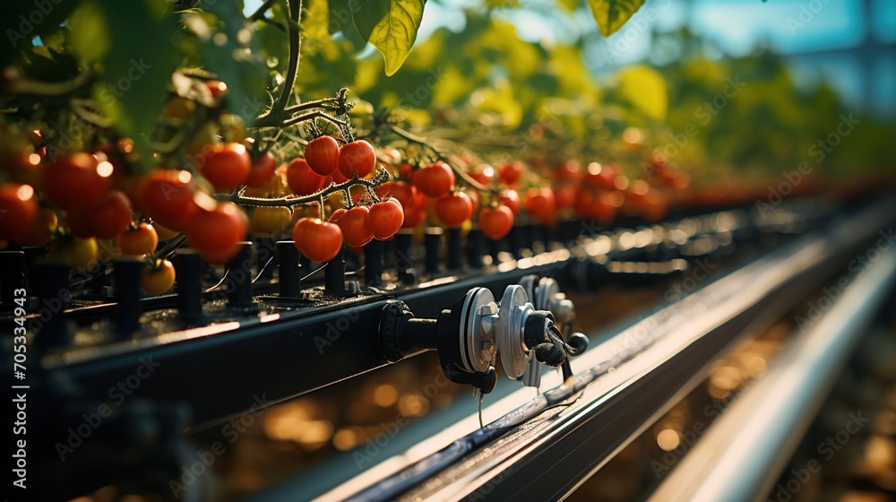 Close-up of ripe tomatoes growing in a greenhouse - obrazy, fototapety, plakaty 